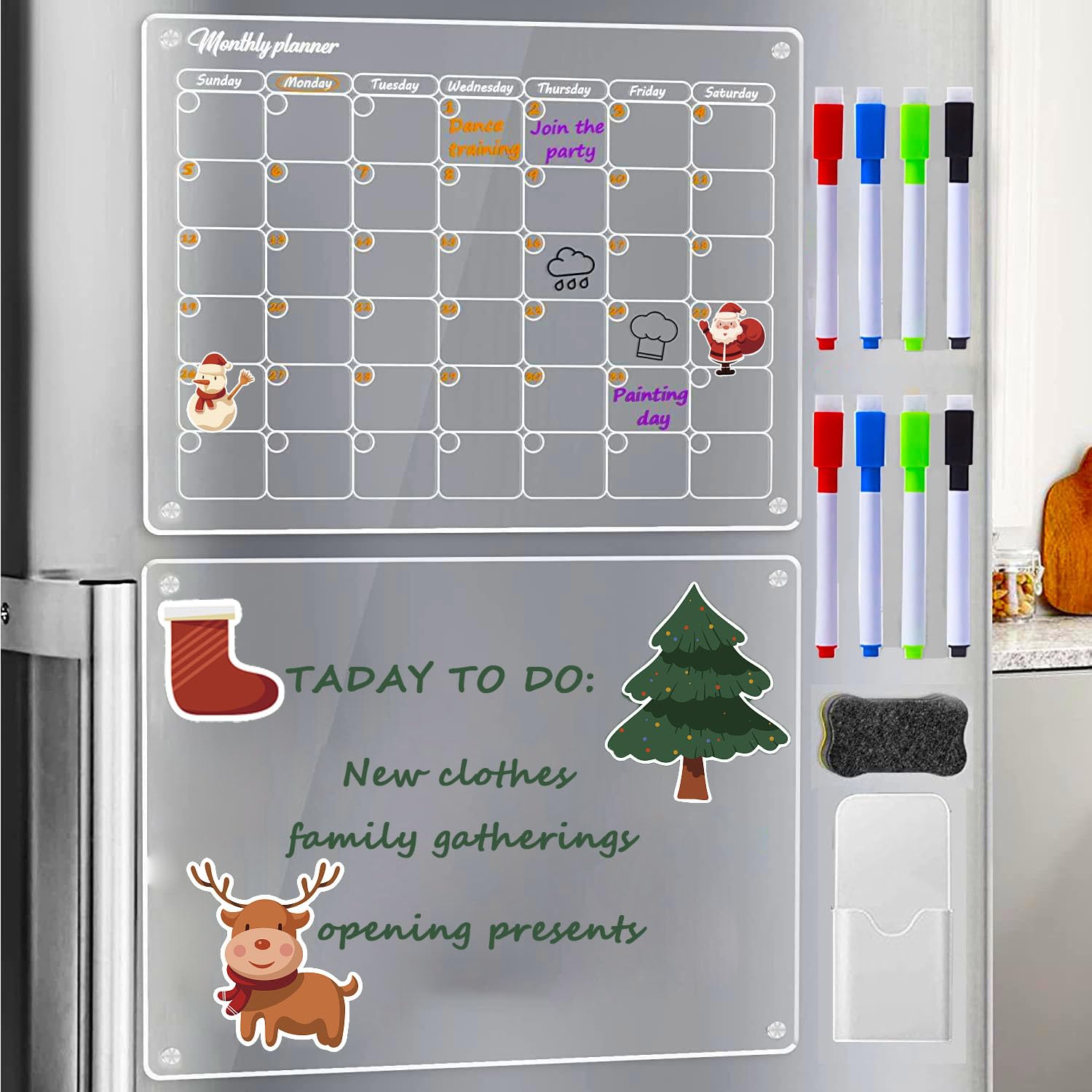 Magnetic Whiteboard Fridge Planner Dry Erase Monthly Planner Whiteboard for Fridge Acrylic Weekly and Monthly Fridge Planner to do List White Board with 8 Magnets Pens and Holder