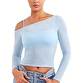YEOREO Women Sheer Long Sleeve Crop Top Workout See Through One Shoulder Yoga T Shirts Summer Party Club Going Out Top