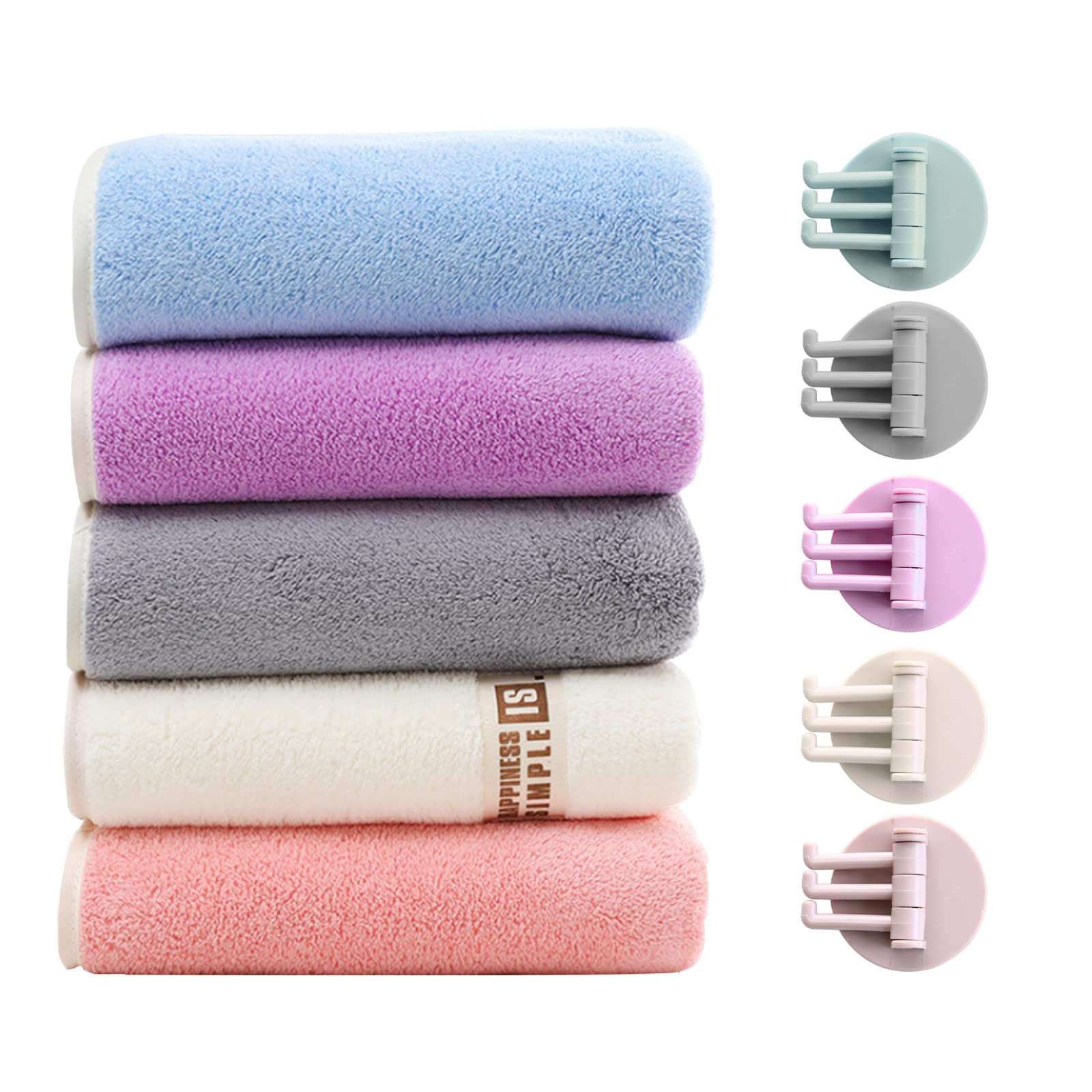 Ailelan Coral Fleece Small Hand Towels with 5 Towel Hooks, 50x25CM, Soft and Absorbent, Quick Dry for Bathroom and Kitchen