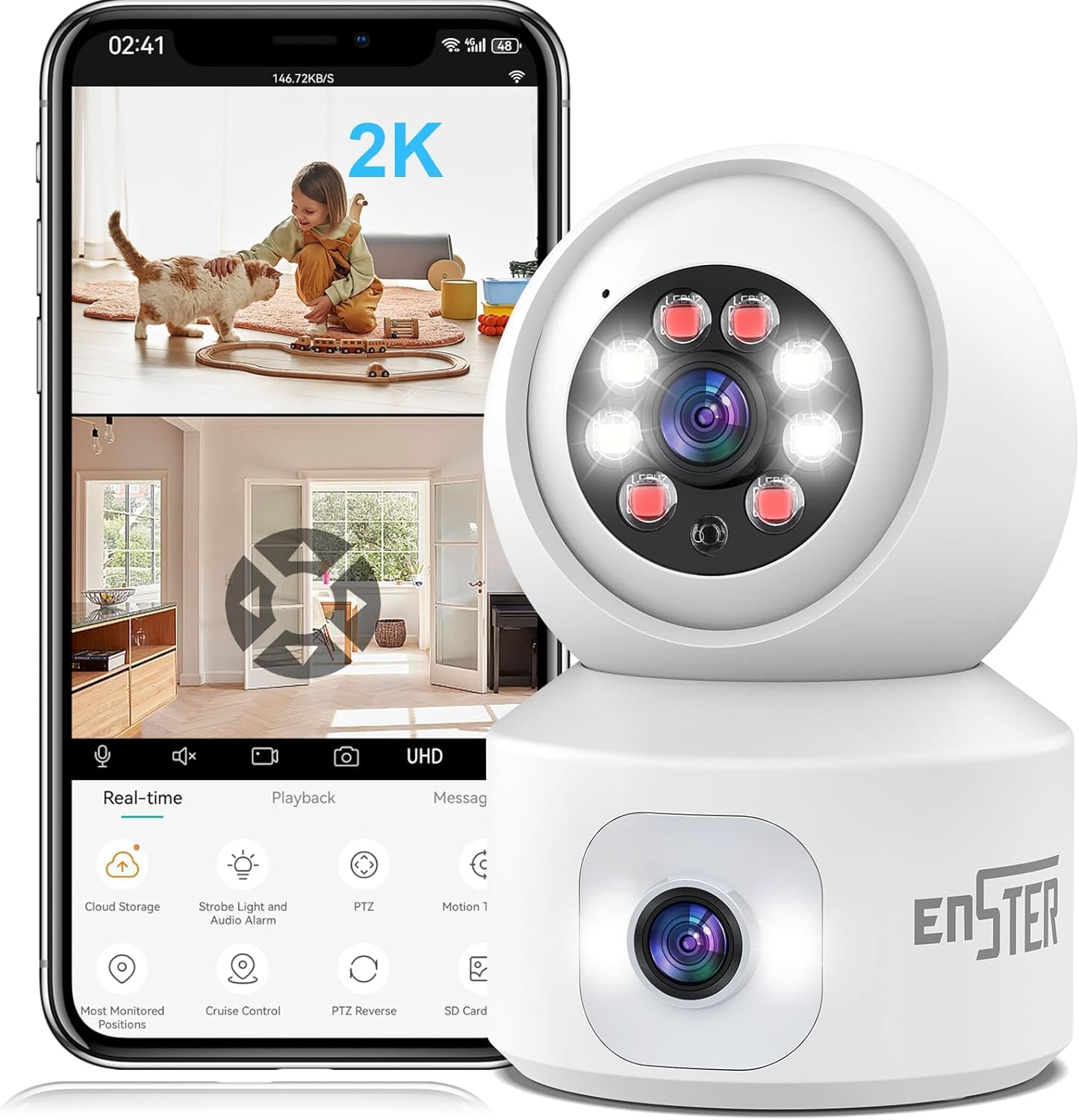 Photo 1 of ENSTER Dual Lens Security Camera Indoor, Baby/Cat/Dog WiFi Camera with Phone App, 360° PTZ Baby Monitor & Pet Cam, Motion Tracking, 2-Way Audio, Night Vision, Cloud/SD Storage