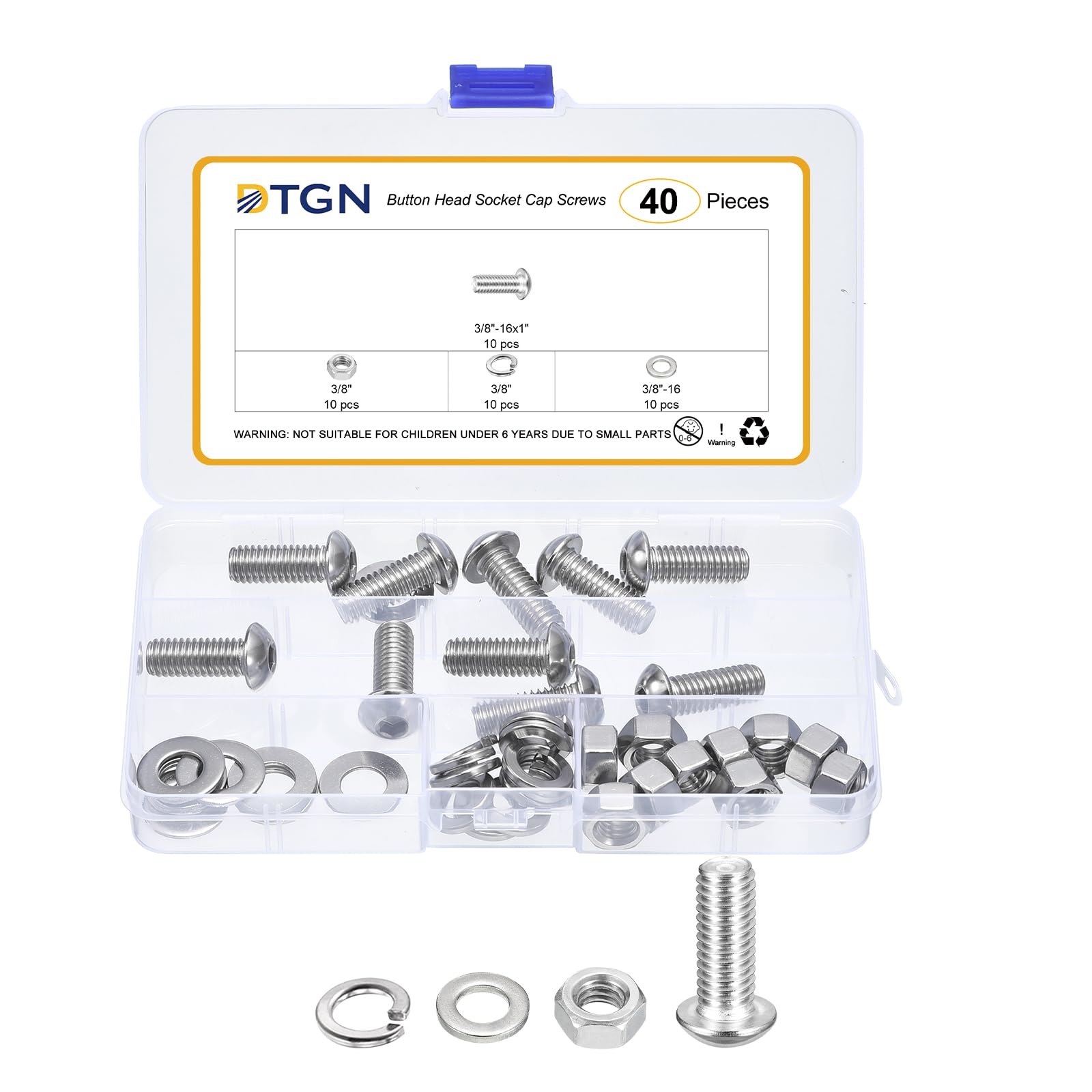 DTGN 40Pcs 3/8-16x1" Button Head Socket Cap Screws - 304 Stainless Steel Bolt Nut Set Washer Assortment Kit - Good for Road Bicycle, Mountain Bike, Auto