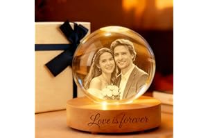 Cryphart Personalized 3D Photo Crystal Ball, Corlorful Lighted Crystal Globe with Picture, Wooden Base with Customed Text, An