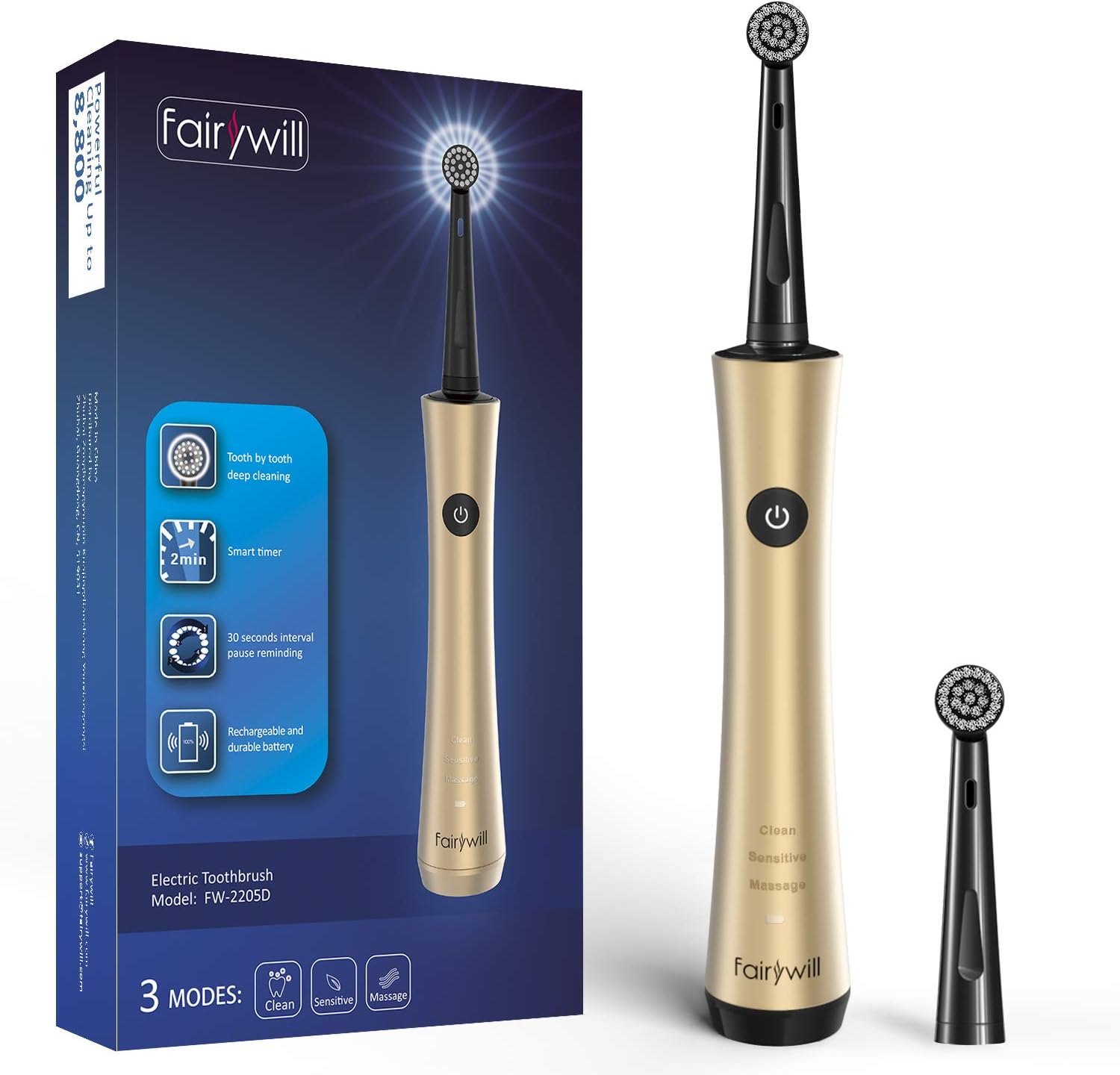 Electric Toothbrush Rechargeable for Adult Clean Your Teeth Like Dentist Teeth Whitening Powerful Spin Toothbrushes FW2205 Gold Waterproof by Fairywill