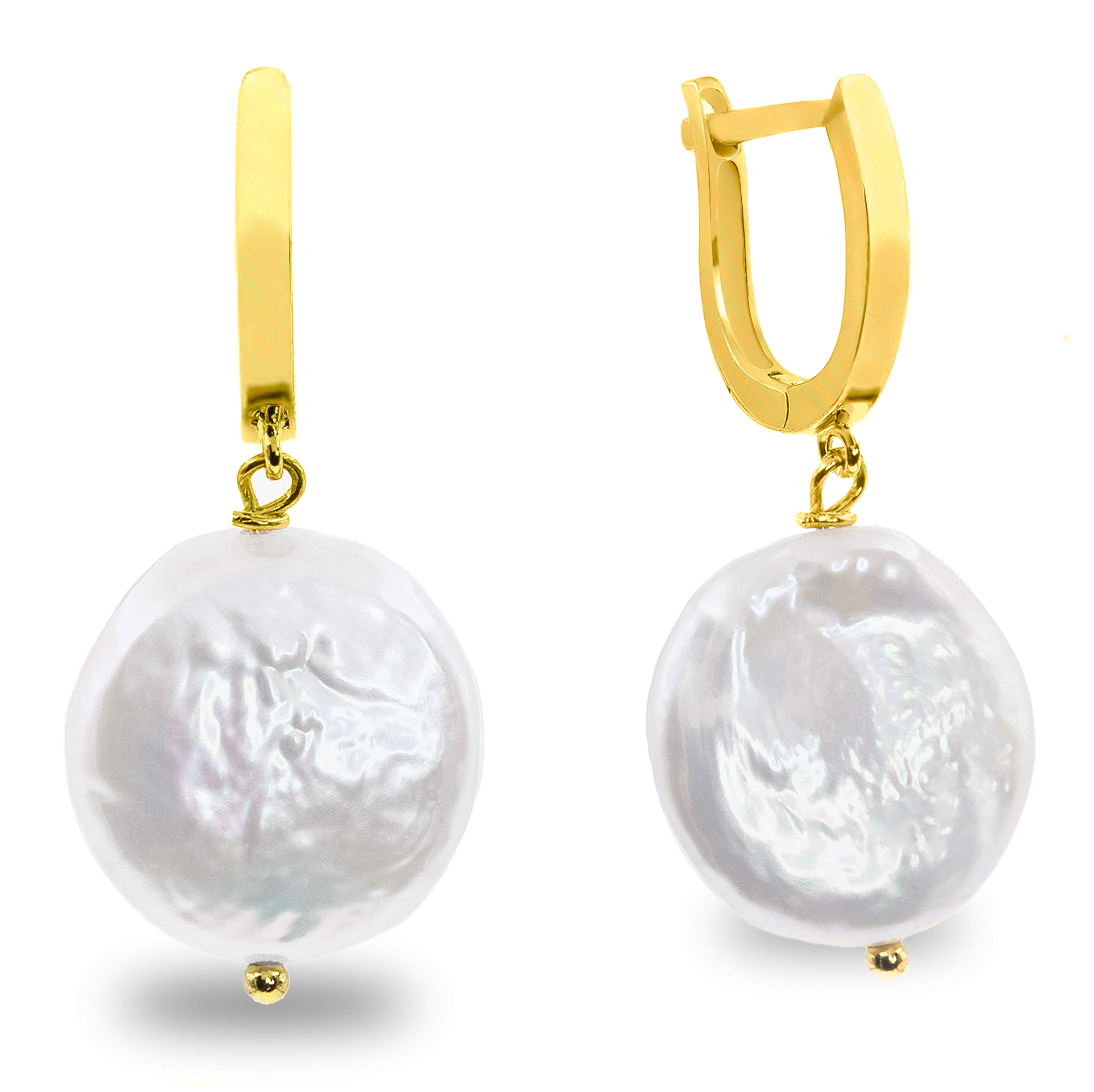 Women Pearl Earrings Freshwater Cultured Pearls | Big Coin Baroque Pearls 14,00-15,00 mm by Secret & You | 18k Gold Plated 925 Sterling Silver with big Butterfly Backs.