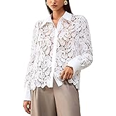 HERYEA Women's Cutout Mesh Lace Button Blouse - Long Sleeve Shirt Business Casual Top