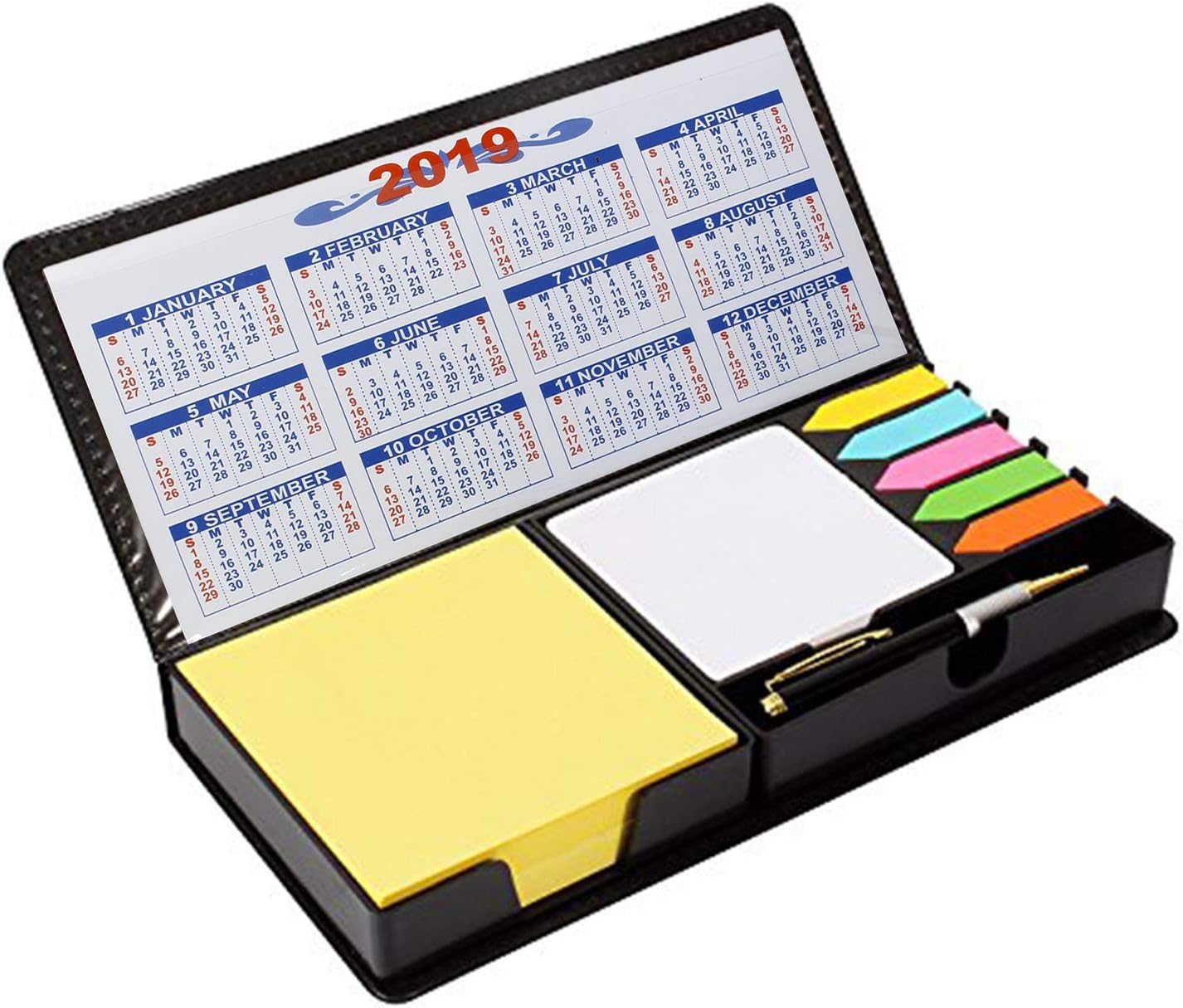 PINZO™ Sticky Note Memo Pad with Arrow Flags and Ballpoint Pen in PU Leather Case with 2019 Calendar