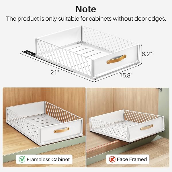 PULL OUT CABINET ORGANIZER FIXED WITH ADHESIVE NANO FILM,HEAVY DUTY SLIDE OUT PANTRY SHELVES DRAWER STORAGE,SLIDING MESH CABINET BASKET WITH HANDLE FOR KITCHEN, BATHROOM,HOME, 15.8″W X 21″D X6.2″H