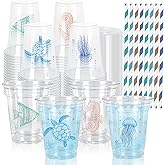 FYSUIMU 60Pcs 12Oz Ocean Animal Plastic Cups with Lids & Straws Under The Sea Disposable Clear Drinking Cups for Summer Birthday Baby Shower Party Supplies