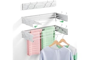 BAKON Wall Mounted Clothes Drying Rack for Laundry 23.6", Folding Clothes Drying Rack with 4 Towel Hooks and 4 Rods for Hanging Coat Dedicates, Space Saving for Bedroom Bathroom Balcony Living Room (23.6'')