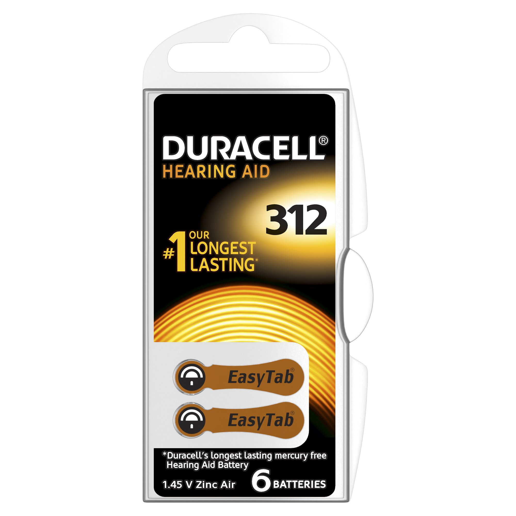Duracell Size 312 1.4 V Zinc Air EasyTab Hearing Aid Batteries - Pack of 6