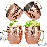 Amrules 4 Pcs 16oz Moscow Mule Mugs Hammered with Angled Handle, Copper | 304 Stainless Steel Lining, Delicate Hammered Finish, Firm Handle, for Cold Drinks, Cocktails, Wine, Beer, Bars &amp; Parties