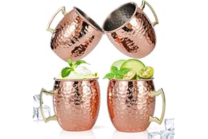 Amrules Moscow Mule Mugs Set of 4, 16 oz Hammered Copper Cups with 304 Stainless Steel Lining and Gold Brass Handles, Perfect