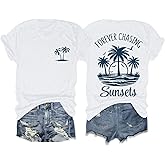 Migxsaf Forever Chasing Sunsets Tshirt Hawaiian Beach Shirts for Women Palm Tree Tropical Shirt Graphic Tees Summer Tops