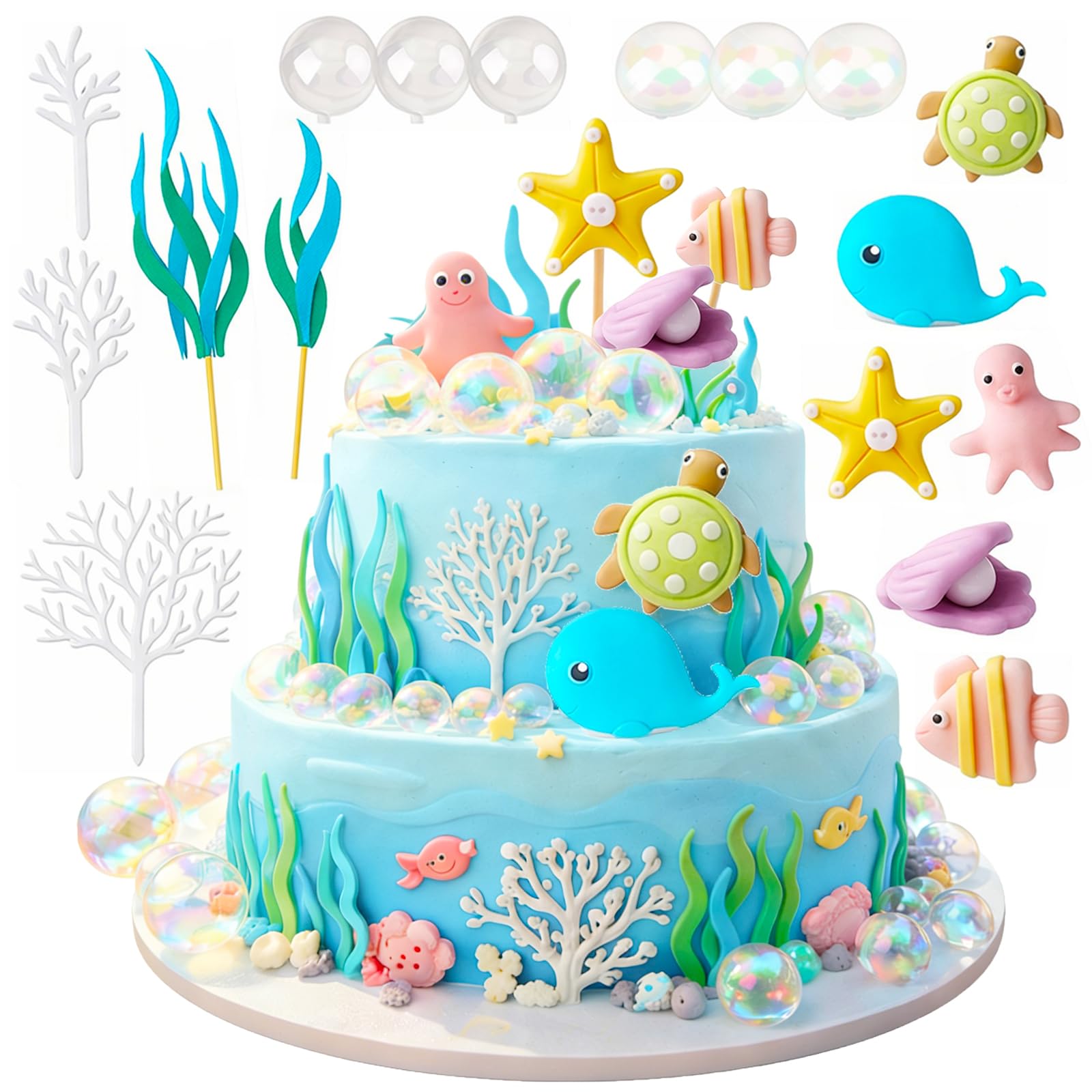 17Pcs Under the Sea Cake Decorations Set, Ocean Theme Cake Decoration for Boys, Sea Animals Cake Toppers with Octopus Whale Turtle, DIY Cake Toppers for Ocean Theme Baby Shower Birthday Party