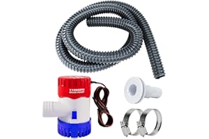 Sanuke 1-1/8 Inch Boat Bilge Pumping Kit, 1100gph Bilge Marine 12V Water Pump with 6 FT Kink-free PVC Hose, 2 Clamps and Thru-Hull Fitting, Submersible Bilge Pumps for Boats Kayak Cruisers