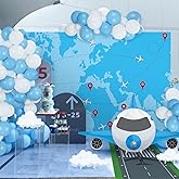 Tasdurian 86 Pcs Large Airplane Party Decoration Blue Airplane Birthday Backdrop Banner Balloons Runway Blue Sky Party Decorations Sky for Boys and Girls Flight Plane Themed Decorations, 7 x 5 ft