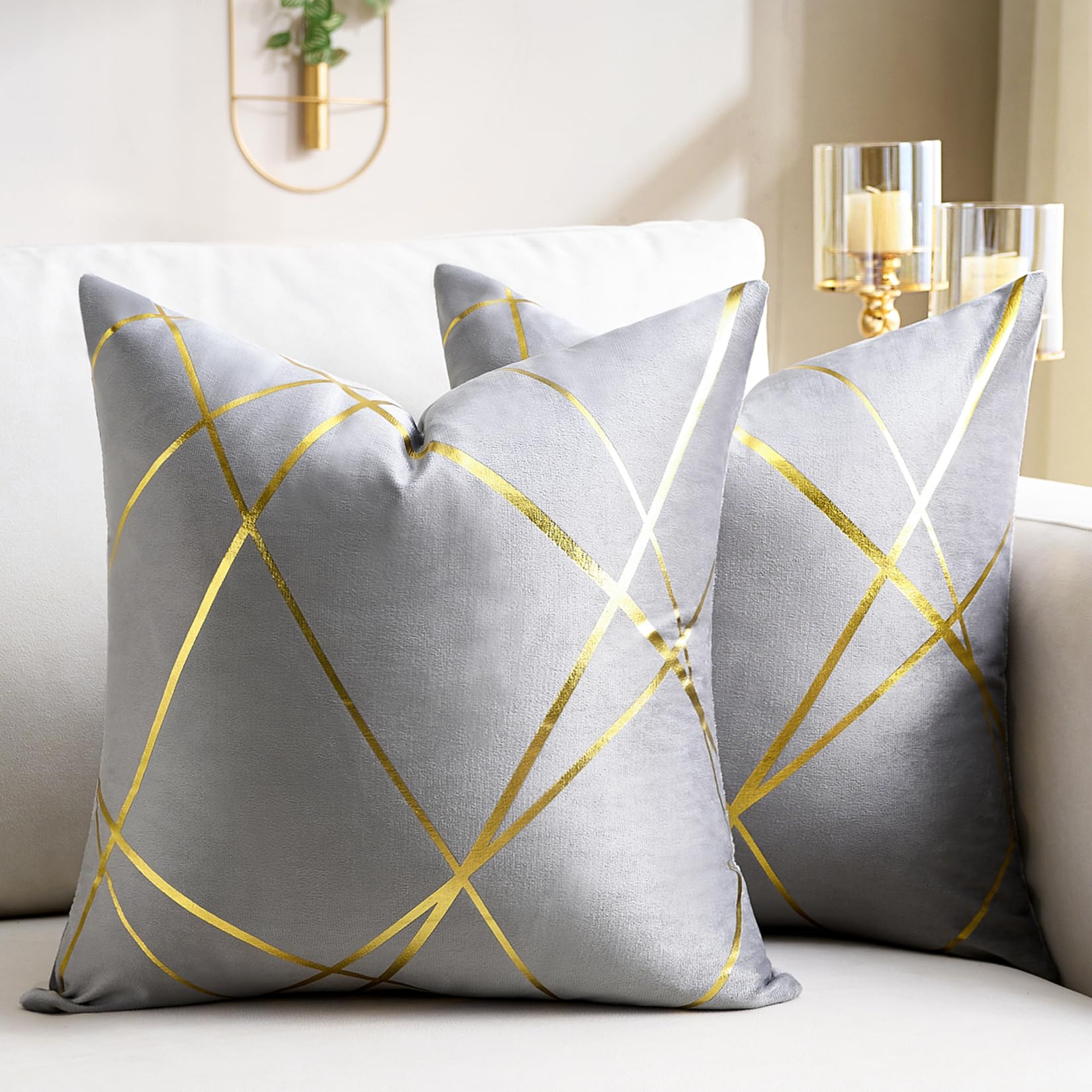 Velvet Cushion Cover 45 x 45 cm Grey Gold Lines Decorative Pillow Covers Geometry Cushion Living Room Bedroom Bench Car Cushion Sofa Set of 2