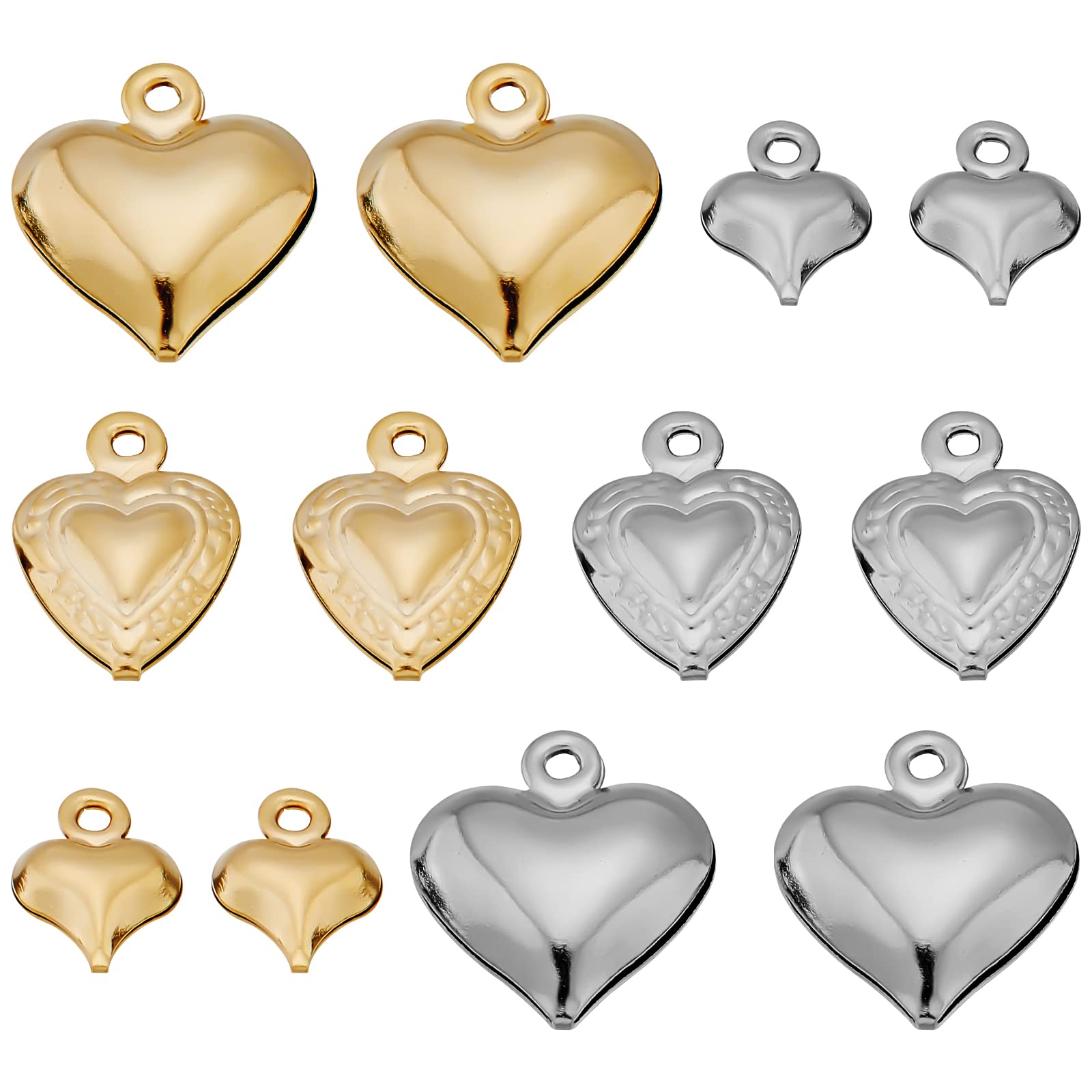 SUNNYCLUE Valentine's Day Heart Charms - 120Pcs 6 Styles Metal Silver & Gold 3D Love Charms for Jewelry Making, DIY Earring Necklace Bracelet Gifts Craft Supplies
