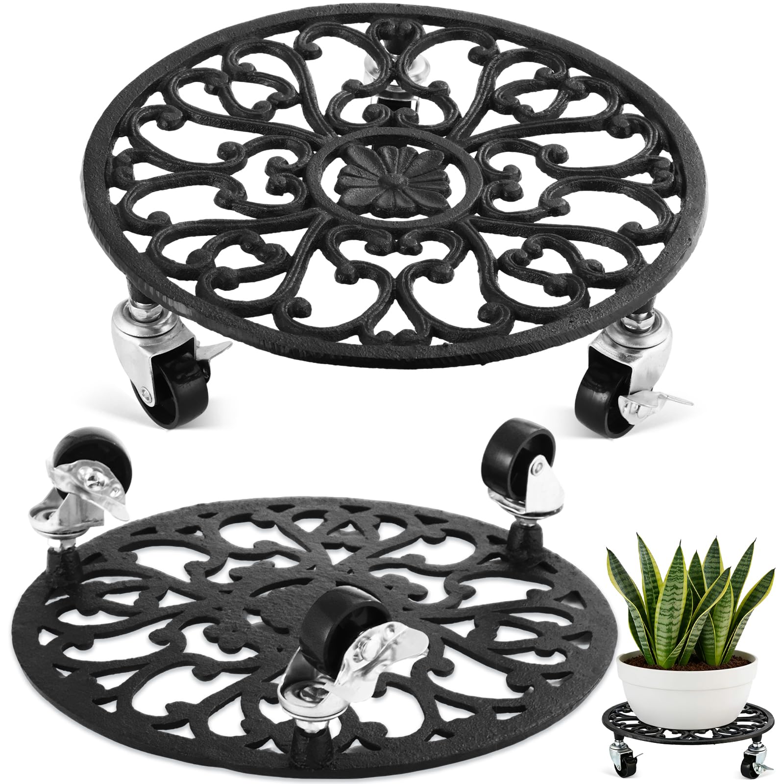 Photo 1 of 2 Pack Cast Iron Plant Caddy with Wheels Heavy Duty, 11 Inch Plant Rollers with Wheels for Planter Stand on Metal Wheel, Round Roller Plants Stand Indoor Metal Rolling Planter Holders Plants Mover
