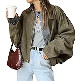 HOTIAN Women's Faux Suede Bomber Jacket Zipper Pilot Coat Casual Lapel Oversized Long Sleeves Y2K Outerwear Coats