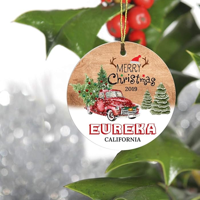 Merry Christmas Eureka California CA State 2019 - Home Decorations for Living Room, Ceramic Christmas Tree Ornaments 3 Inches - Hometown for Family, Friend