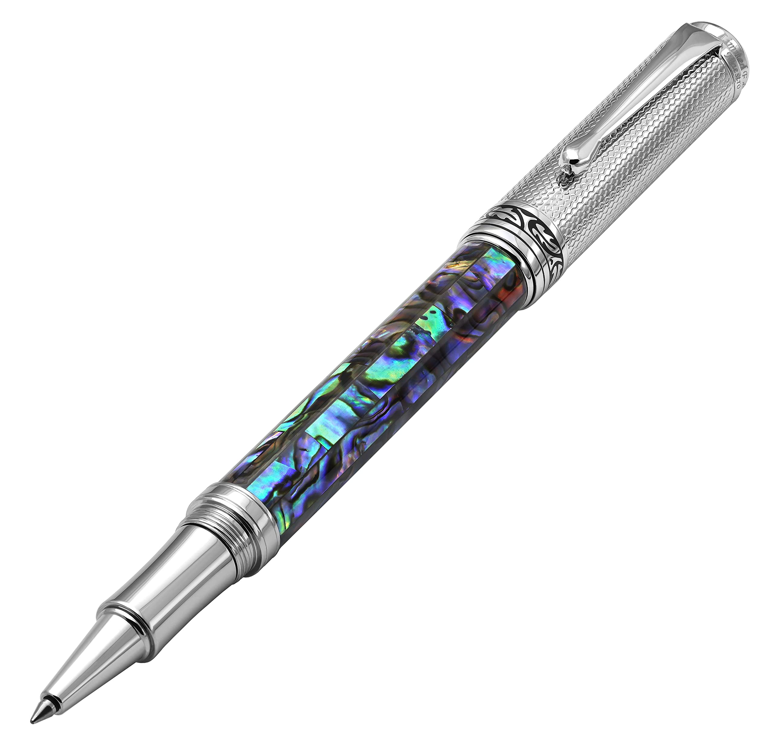 Xezo Maestro Rollerball Pen, Fine Point. Pāua Abalone Sea Shell Inlay with Chrome Plating. Handcrafted, Limited Edition, Serialized. No Two Pens Alike