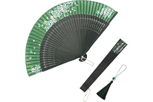 BXDOW Chinese Fan, Ancient Folding Fan, Hand Fans for Women Foldable, Ladies Holding Fan, Dark Green Cherry Blossom Fan for Dance, Wedding, Party, Thanksgiving Day