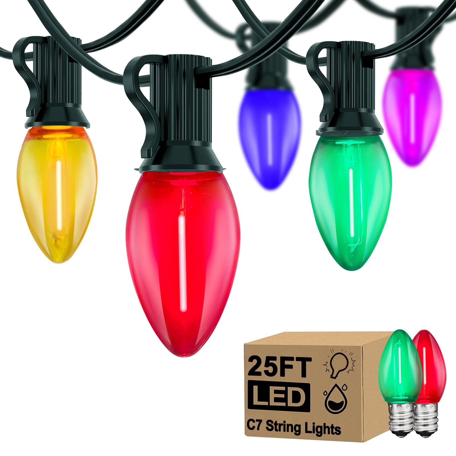 Photo 1 of 25FT Christmas Lights Multicolor C7 Vintage Outdoor Light String with 27 LED Bulbs (2 Spare), Hanging Christmas Tree Lights Waterproof for Garden Wedding Party Christmas Decoration - Green Wire