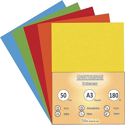 Pack 50 Cartulinas Tamaño A3 180g Colores Fuertes: Amazon.es ...