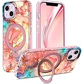 Shecaset for iPhone 13 & iPhone 14 Case, [Compatible with MagSafe] [Magnetic Invisible Ring Stand], Shockproof Protective Slim Fit for Women Girl for iPhone 13/14 Case, Rose Gold Marble