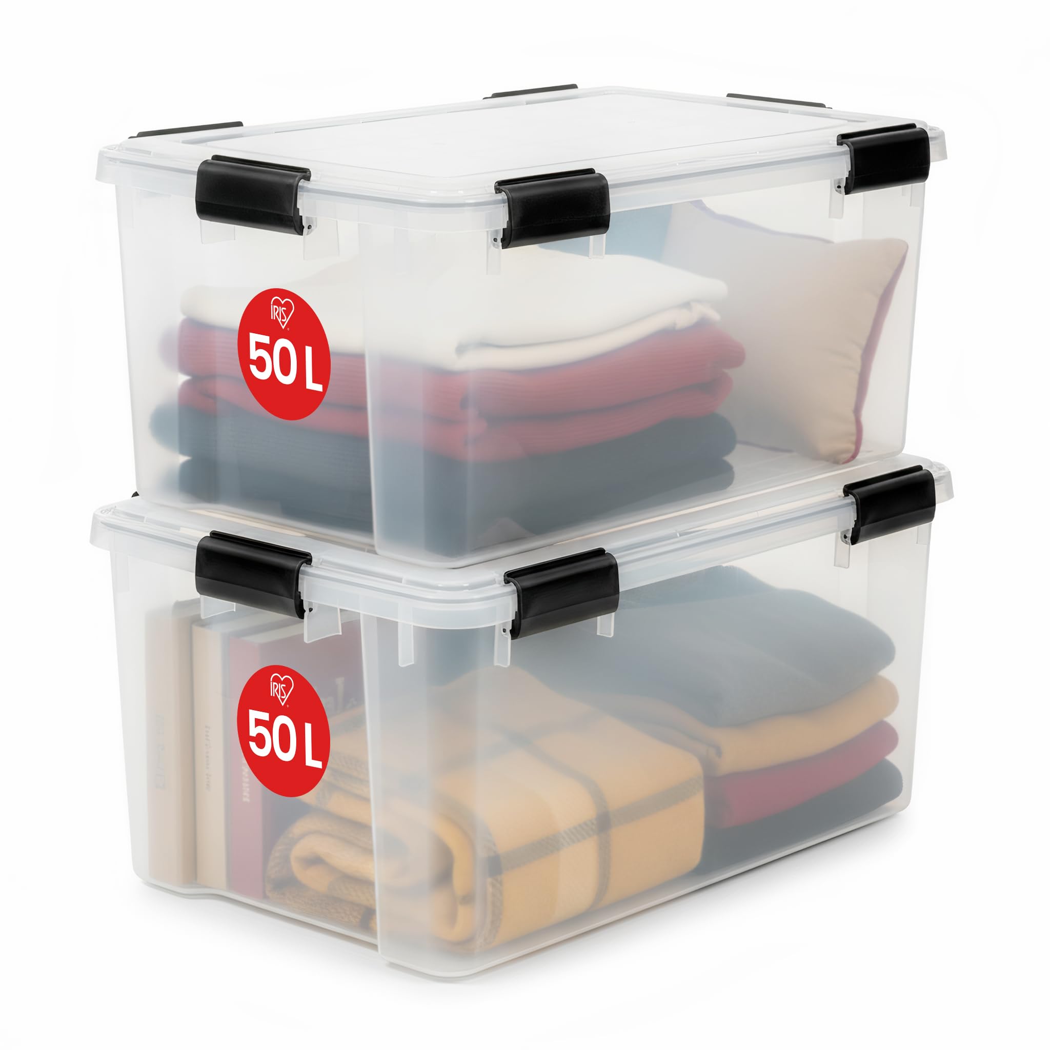 Iris Ohyama, Set of 2, Air tight storage boxes, 50 L, with 6 clips, stackable, garage, cellar, attic - Air Tight Box AT-L - Transparent
