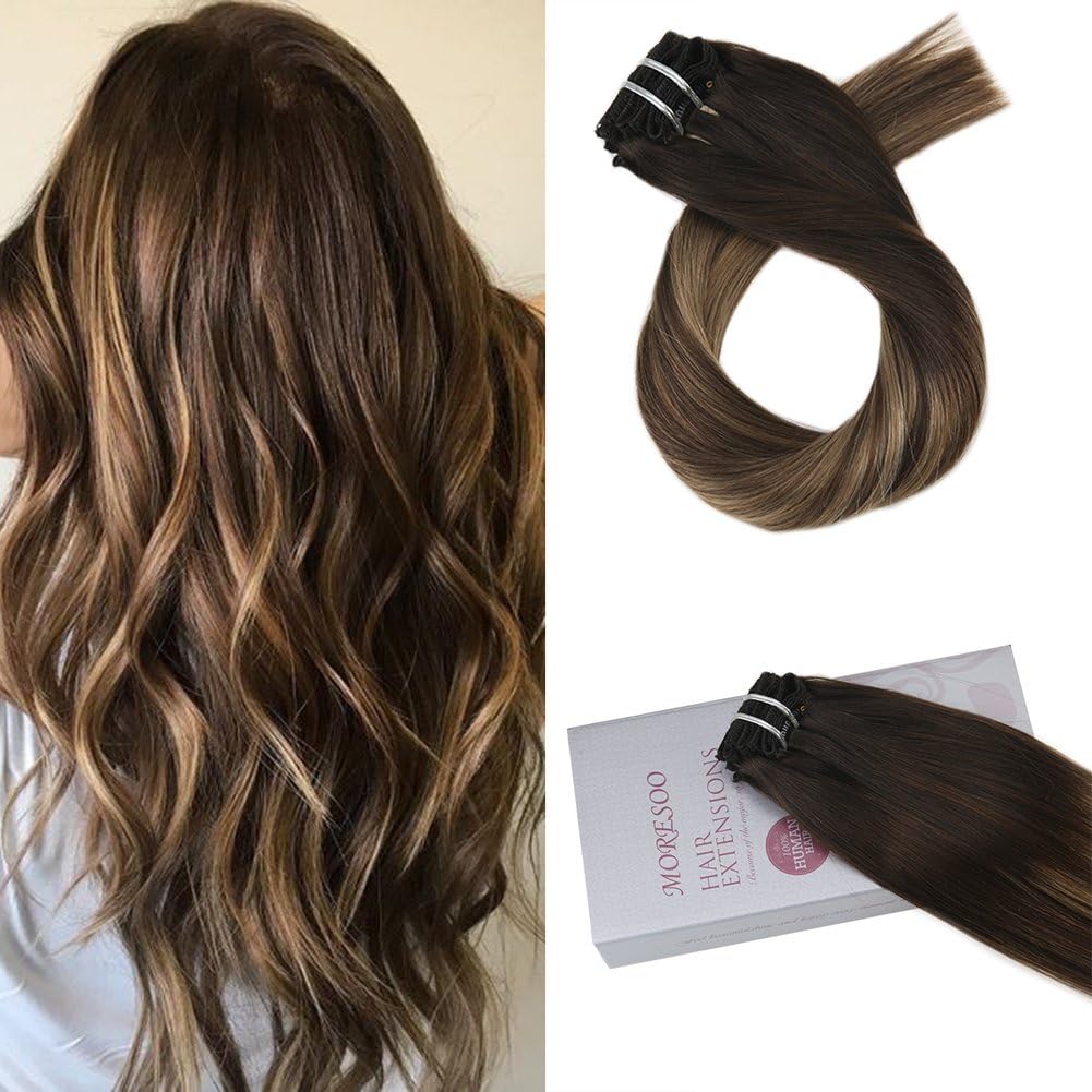 Moresoo 18 Straight Balayage Clip In Human Hair Extensions Black