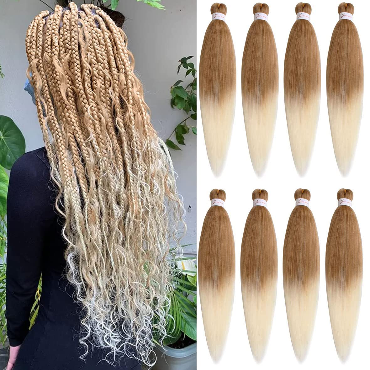 Leeven 8 Packs Pre Stretched Braiding Hair 30 Inch Ombre Blonde EZ Brading Hair Extensions for Box Braids Hot Water Setting Kanekalon Crochet Hair Extensions for Braiding /30 Inch 27613#