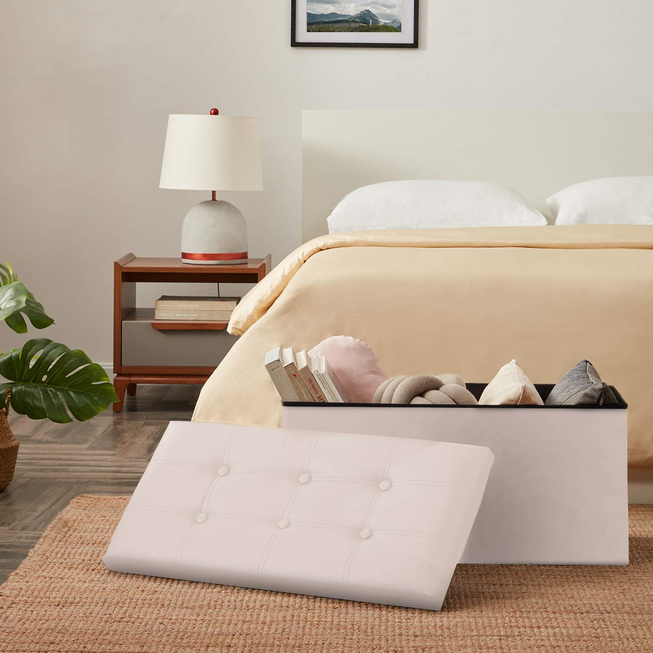 YOUDENOVA 30 inches Folding Storage Ottoman, 80L Storage Bench for Bedroom and Hallway, Faux Leather Beige Footrest with Foam Padded Seat, Support 350lbs