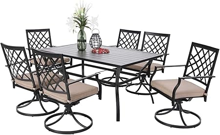 Amazon Com Phi Villa Patio Dining Set Of 7 60 X 37 Metal Steel Slat Patio Dining Umbrella Table 6 Swivel Chairs Furniture Set For Outdoor Garden Lawn Pool Easy To Care Weather
