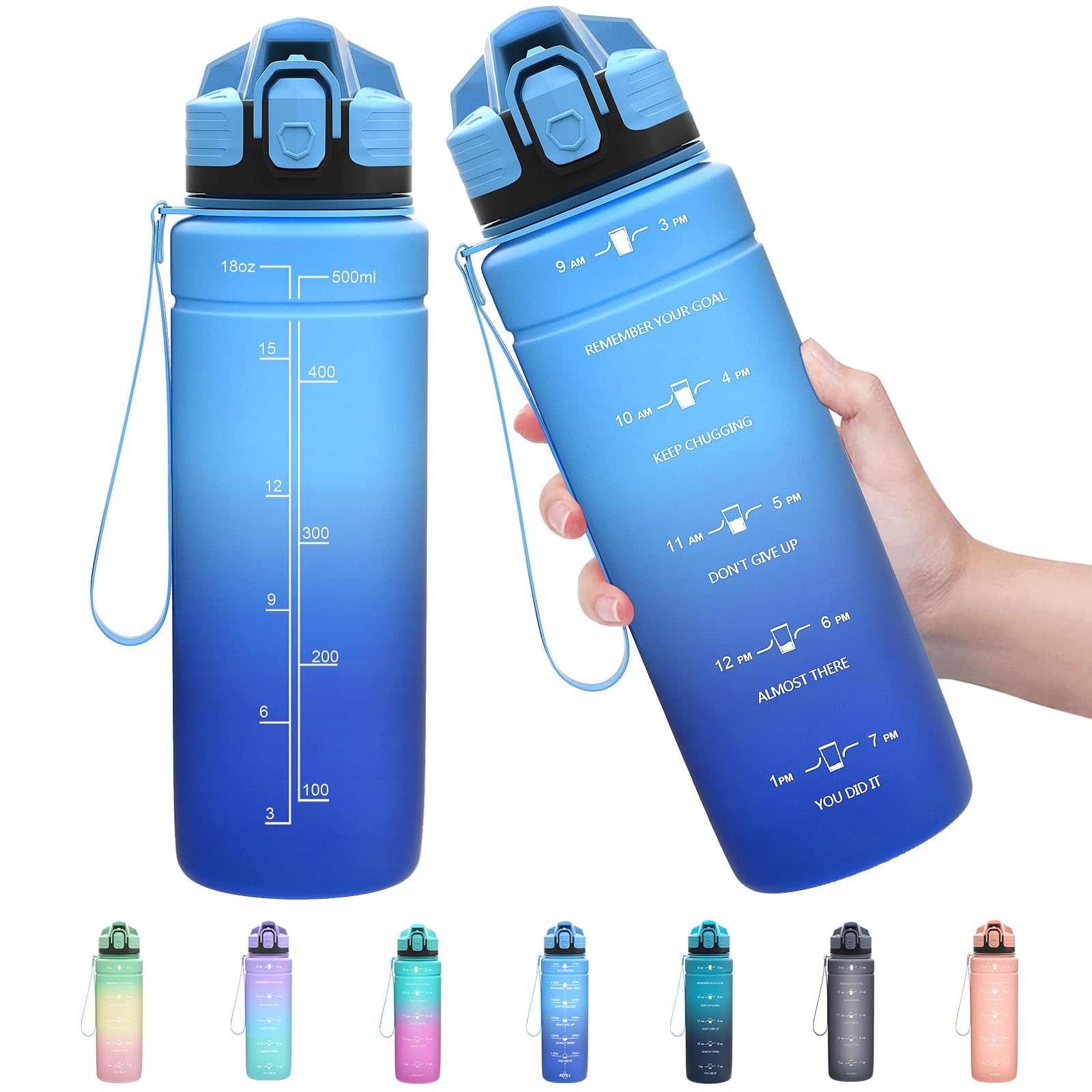 Zounich Sports Water Bottle Kids with Times to Drink Leakproof 1L / 700ml / 500ml 1Litre Drink Bottles BPA Free Motivational Adults, Gym, School, Running, Travel, Girls, Boys Filter Reusable