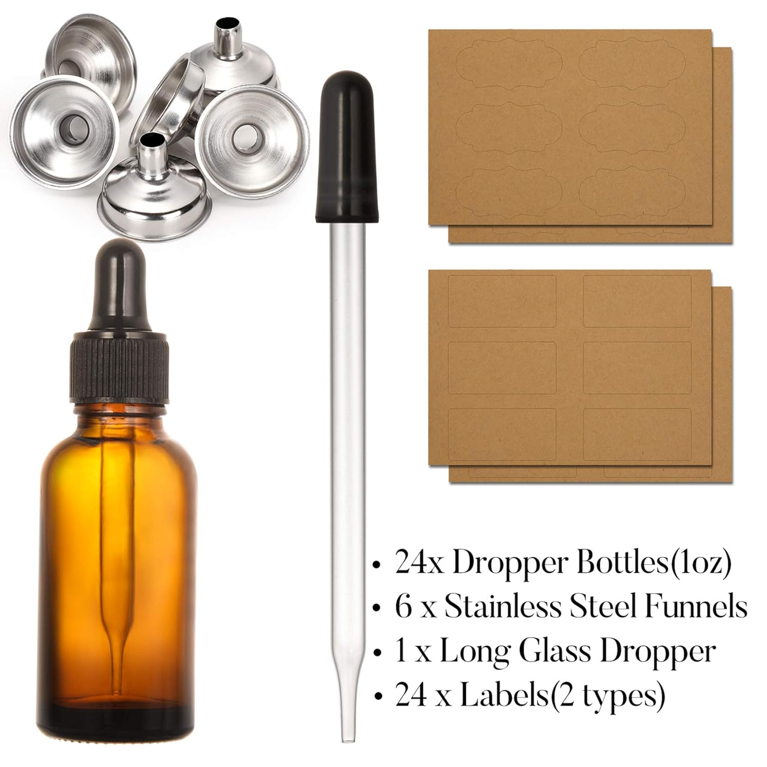 24, 1 oz Dropper Bottles for Essential Oils with 6 Stainless Steel Funnels & 1 Long Glass Dropper - 30ml Amber Glass Bottles with Eye Droppers - Tincture Bottles, Leak Proof Travel Bottles for Liquids: Industrial & Scientific