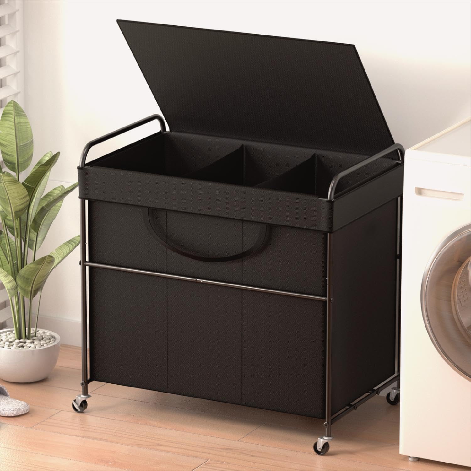 Photo 1 of YKDIRECT 180L Large Laundry Hamper, 3 Compartment Laundry Basket with Lid, Removable Bag & Metal Structure with Industrial Wheels, Suitable for Bathroom, Dorm Room, Laundry Room (Black, 180L)