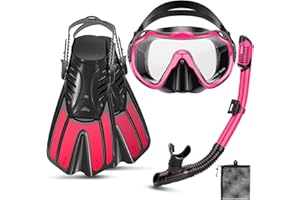 CTSAYTL Snorkeling Gear for Adults, 4 in 1 Travel Size Mask Fins Snorkel Set with Panoramic View Anti Fog Mask, Dry Top Snorkel, Trek Fins and Travel Bag, Snorkel Gear for Swimming Diving Snorkeling