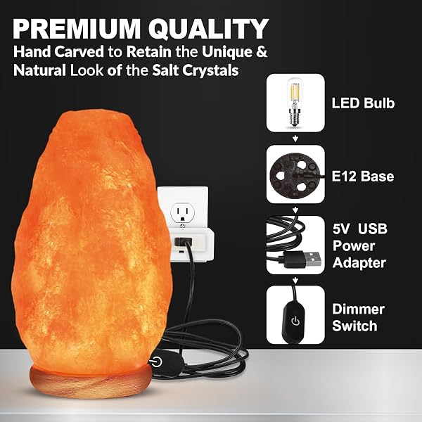 WBM SALT LAMP – USB HIMALAYAN SALT LAMP WITH TOUCH DIMMER CONTROL, NATURAL PINK CRYSTAL, 5-7 LBS, WOODEN BASE, LED BULB, ROOM DECOR, HOME DECOR, RELAXATION, AMBIANCE, GIFT