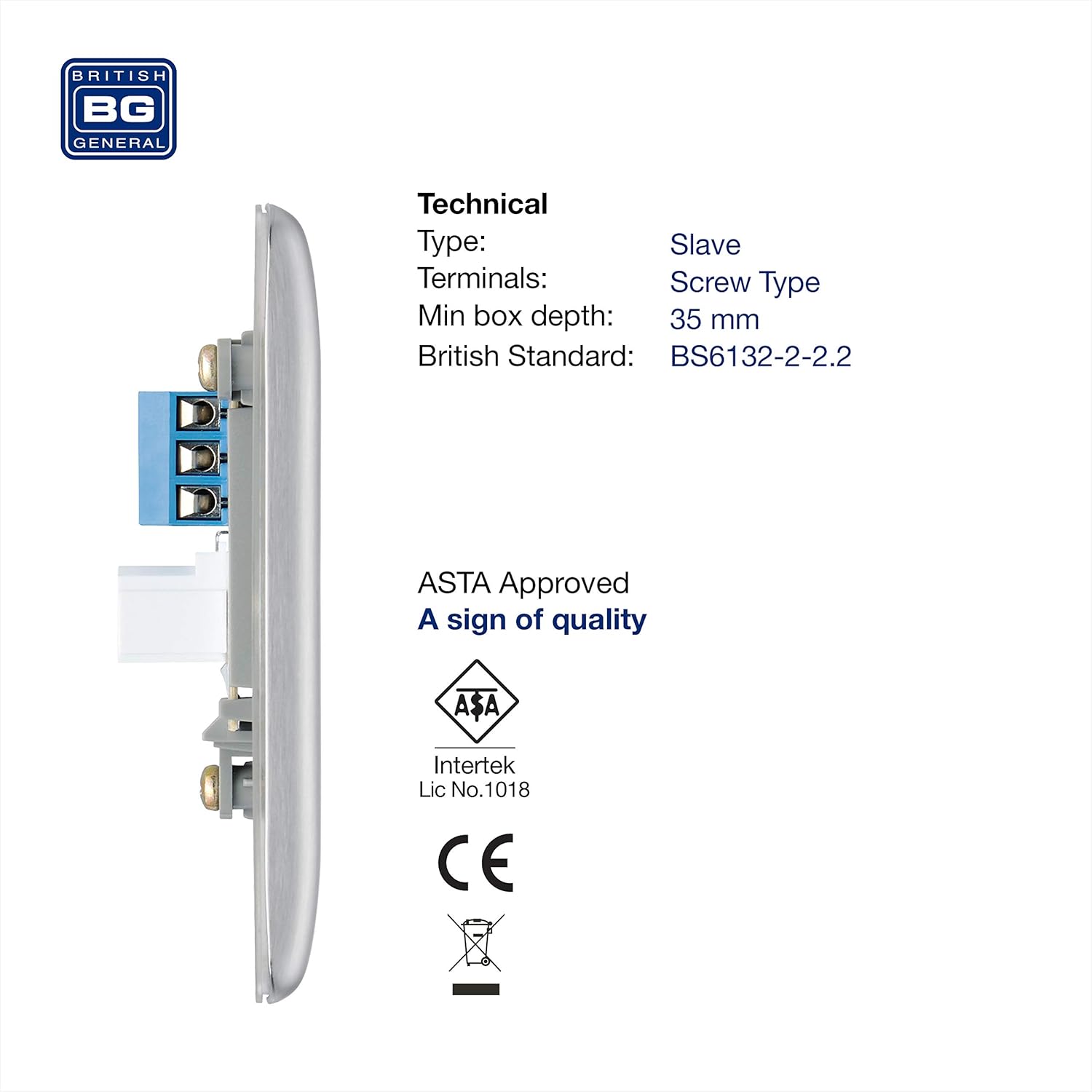 BG Electrical Single Telephone Slave Socket, Brushed Steel - Image 3
