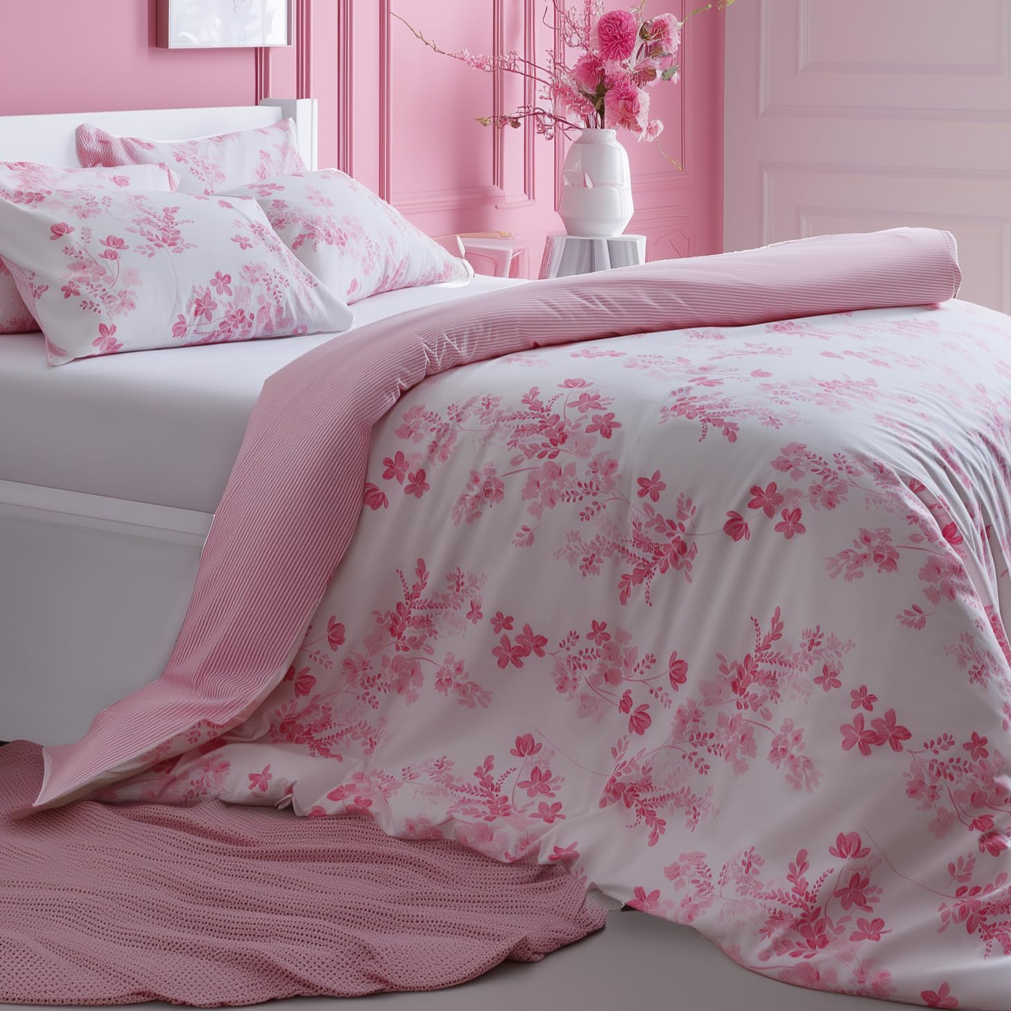 LERUUM Single Duvet Cover Set Cotton – Reversible Floral & Striped Pink Bedding | Single Duvet Cover Sets White