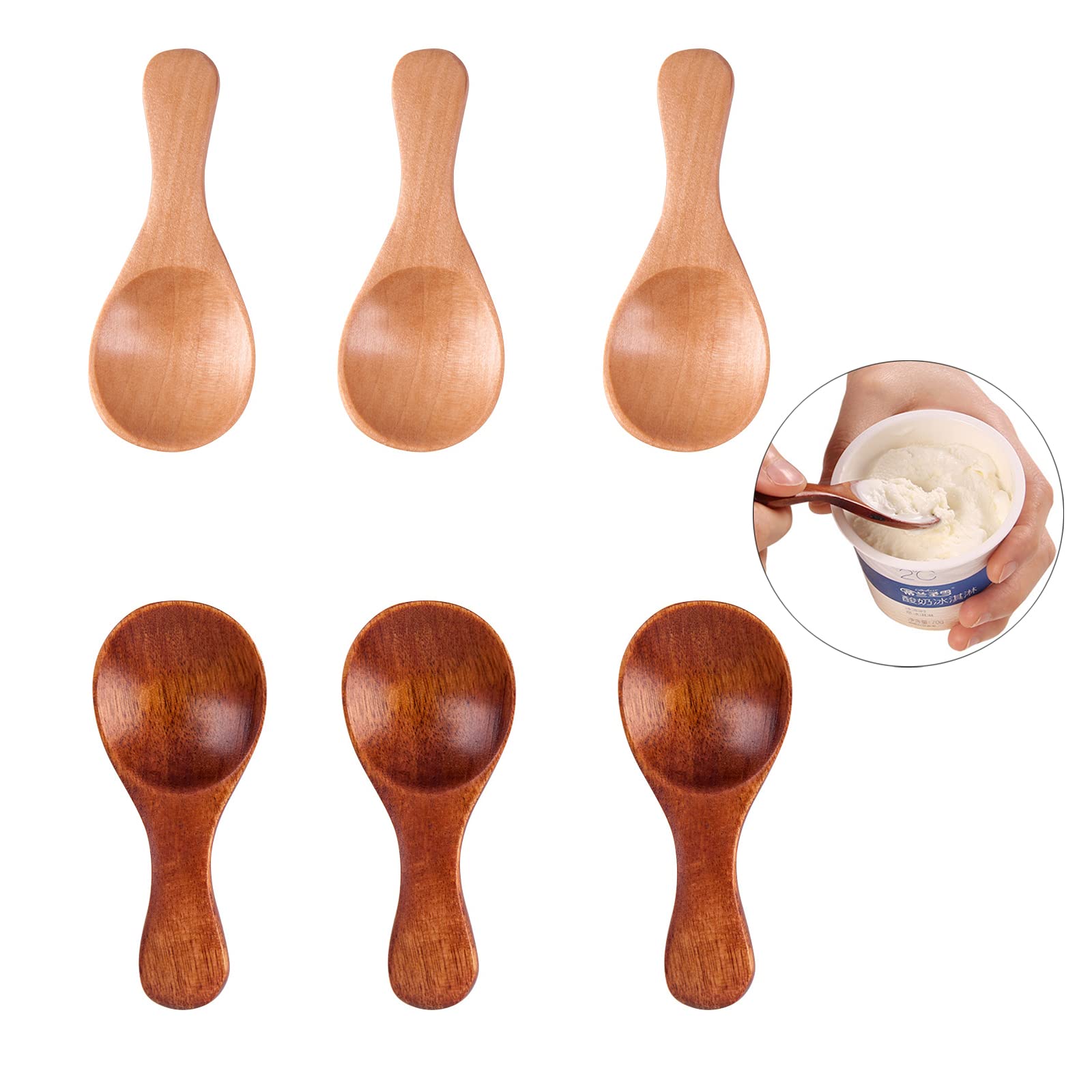 LZZEM 6Pcs Mini Wooden Spoons Short Handle Coffee Tea Sugar Mustard Honey Spoons Solid Wood Condiment Spoons for Salt Spices and Milk Powder
