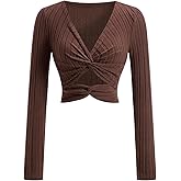 winkbay Women's Long Sleeve Crop Tops Twist Front Cut Out V Neck Ribbed Knit T Shirts Fall Going Out Outfits
