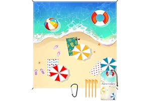 Airensky Beach Blanket, Sandproof Beach Mat 79" X 82" for 4-7 Adults, Large Waterproof Beach Blanket Quick Drying Lightweight Beach Blanket with 4 Stakes for Travel Camping Hiking(Sand Beach)
