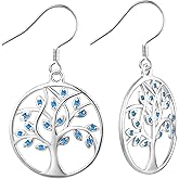 YL Tree Earrings Sterling Silver Tree of Life Hook Earrings Round Birthstone Dangle Drop Jewelry for Women