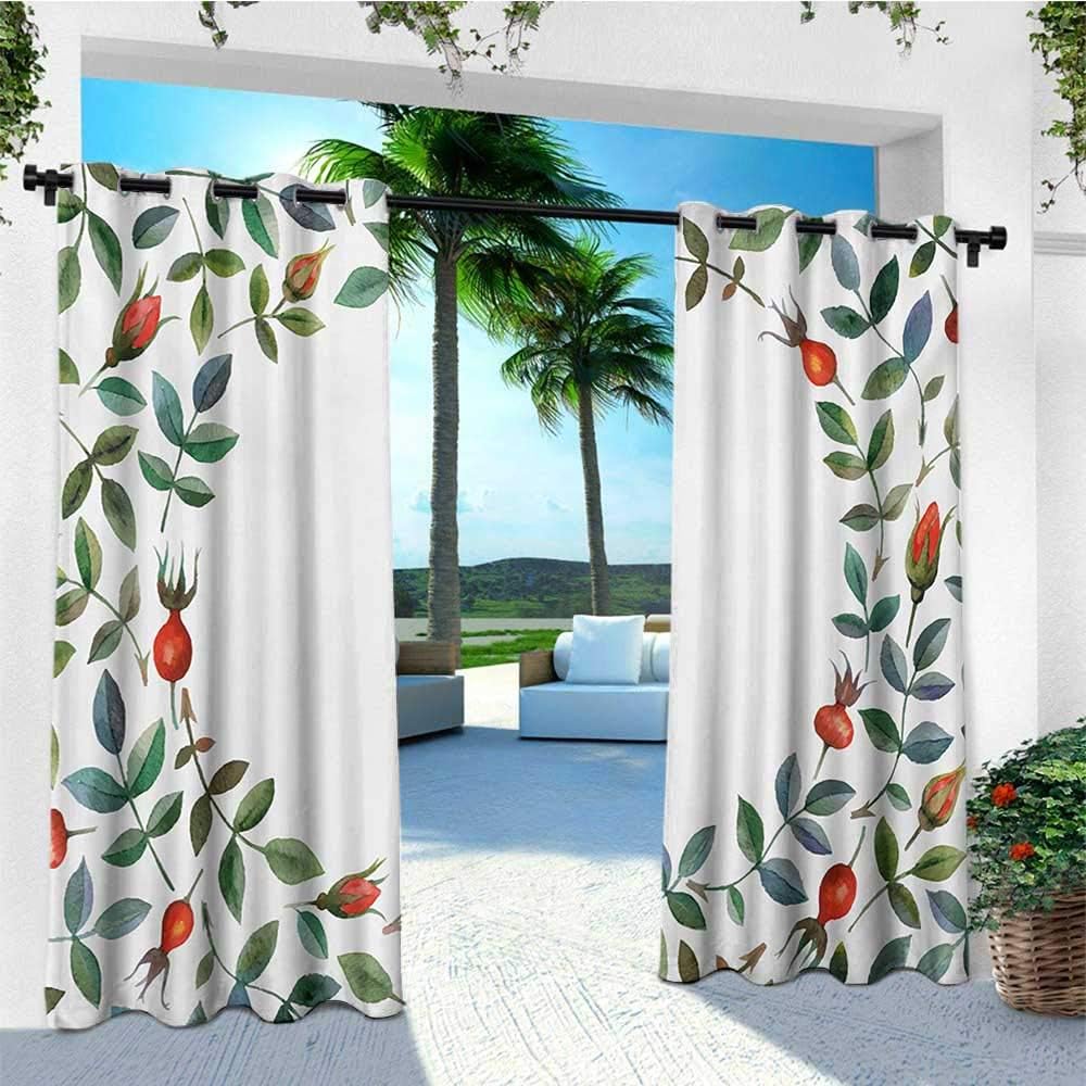 leinuoyi Floral, Outdoor Curtain Panels Set of 2, Christmas Like Frame Image Buds Flowers Leaves Watercolor Vector Art, for Gazebo W96 x L96 Inch Red Olive Green Blue Green