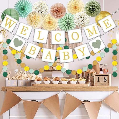 Sage Green Baby Shower Decorations Welcome Baby Banner Olive Green Gold  Tissue Pom Poms, Paper Flower, Paper L
