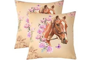 Erosebridal Horse Set of 2 Throw Pillow Cover 24x24 Rose Floral Cushion Cover Horse Lovers Flower Cushion Case Retro Vintage 