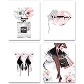 Watercolor Fashion Women Wall Art Glam Poster Modern Artwork for Girls Bedroom Pink Flowers Perfume Handbag High Heel Lips Paintings for Women Room Bathroom Gift (8x10 inch，Set of 4，Unframed)